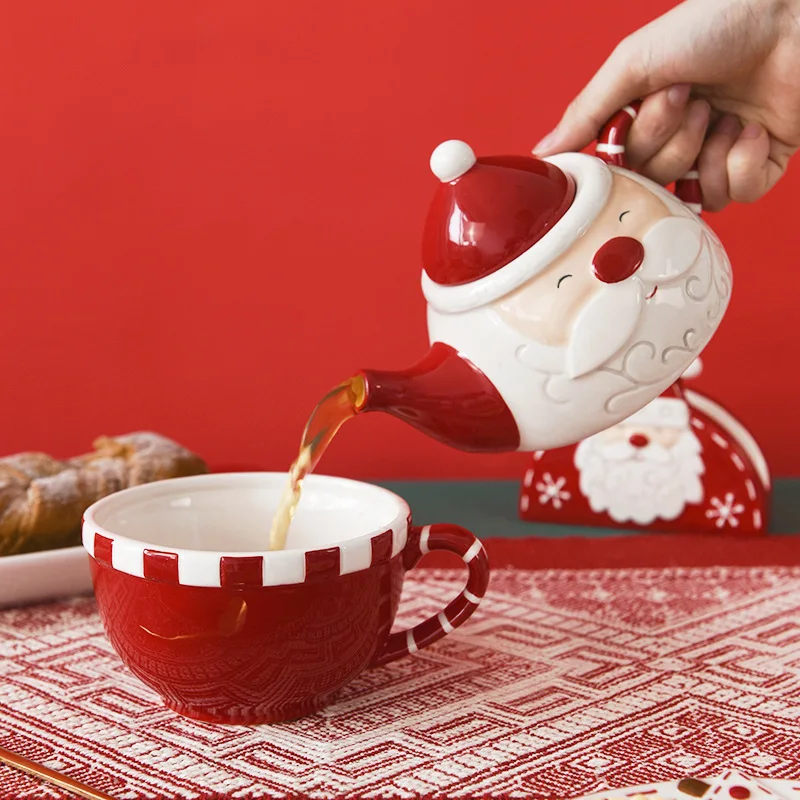 Festive Santa Claus Ceramic Teapot & Cup Set - 400ml Christmas Tea Pot with Matching Mug, Tea for One Set for Home Party Decor