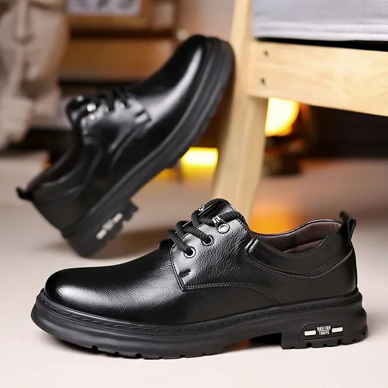 New Designer Cow Leather Shoes for Men Fashion Casual Lace Platform Shoes Male Solid Color Spring Autumn Work Shoe Man