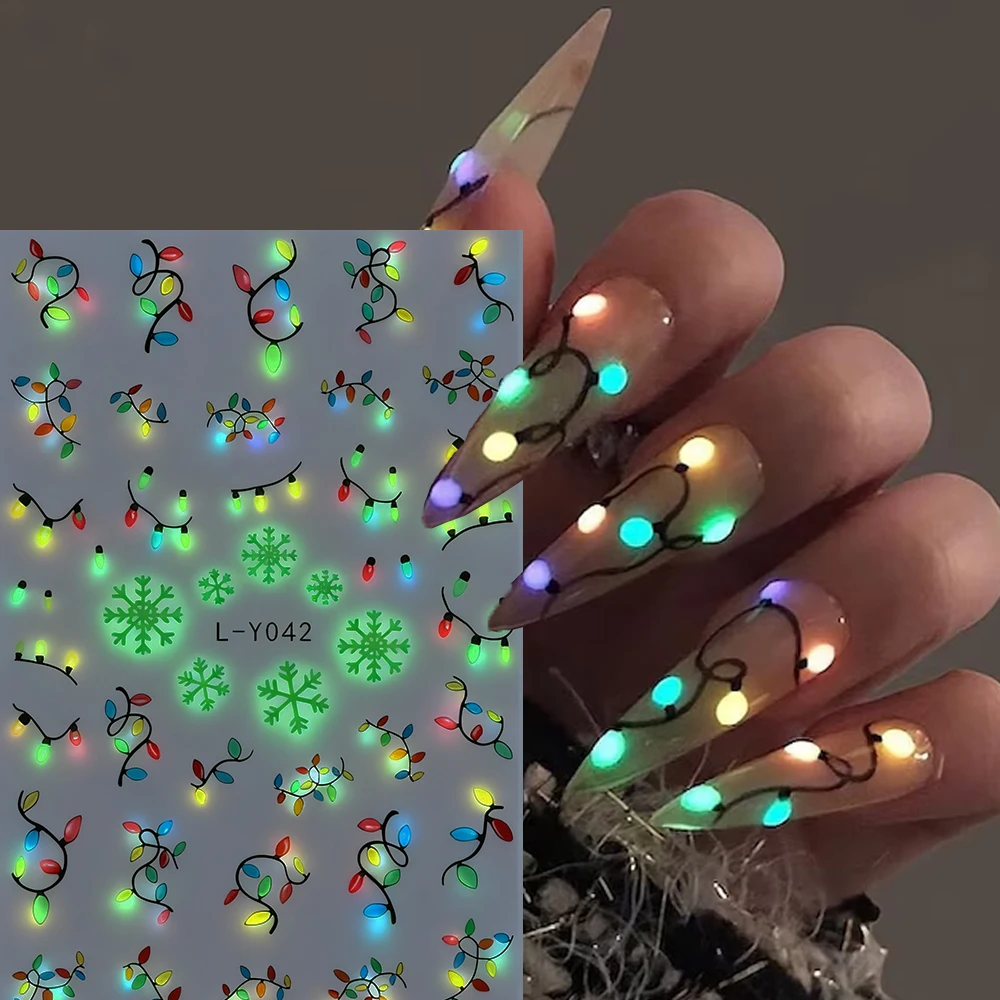 3D New Luminous Colored Light Bulbs Christmas Tree Nail Art Stickers Noctilucent Lanterns Snowflakes Santa Claus Nail Decals