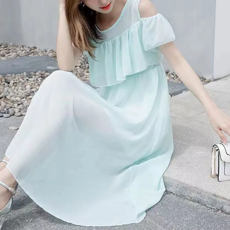 Summer New Korean Sweet Fairy Style Off Shoulder Chiffon Dress Round Neck Ruffles Fresh Solid Butterfly Sleeve Casual Dresses