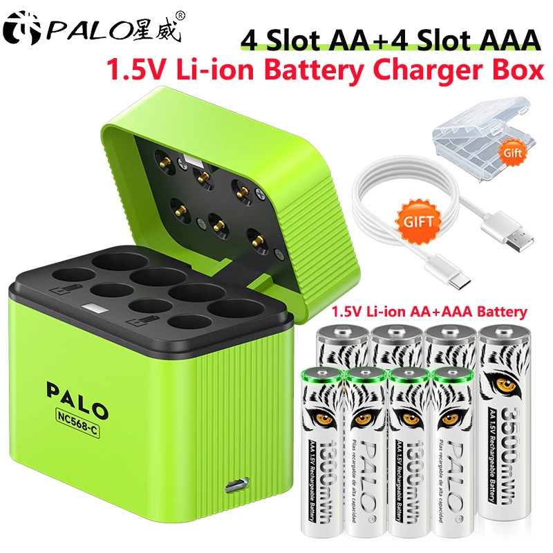 1,5V AA- oder AAA-Lithium-Ionen-Akku, wiederaufladbar, AA 3500mWh, AAA 1300mWh, langlebiger Lithium-Akku mit 8 Fächern und intelligentem Ladegehäuse