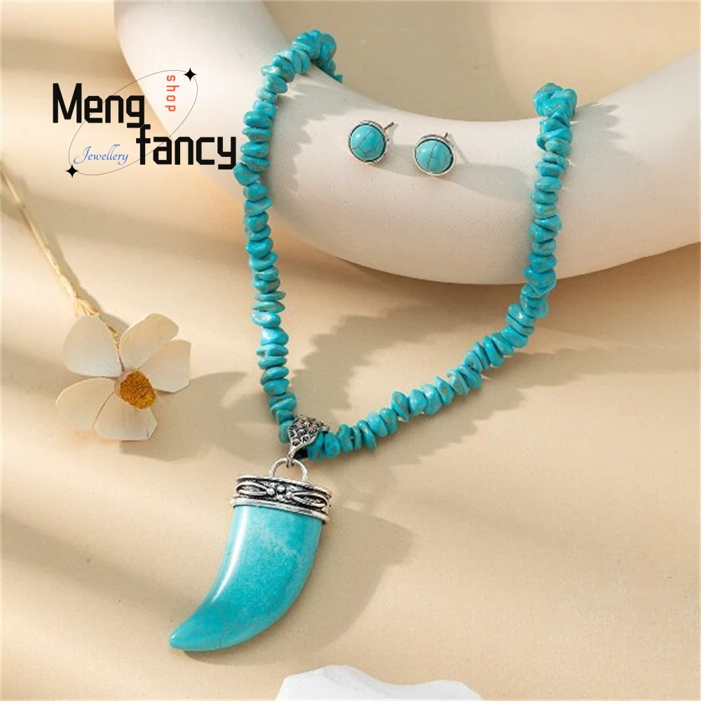 

New Products Ancient Silver Turquoise Earrings And Necklaces, Ancient Silver Ivory Blue Turquoise Exaggerated Earrings Exquisite