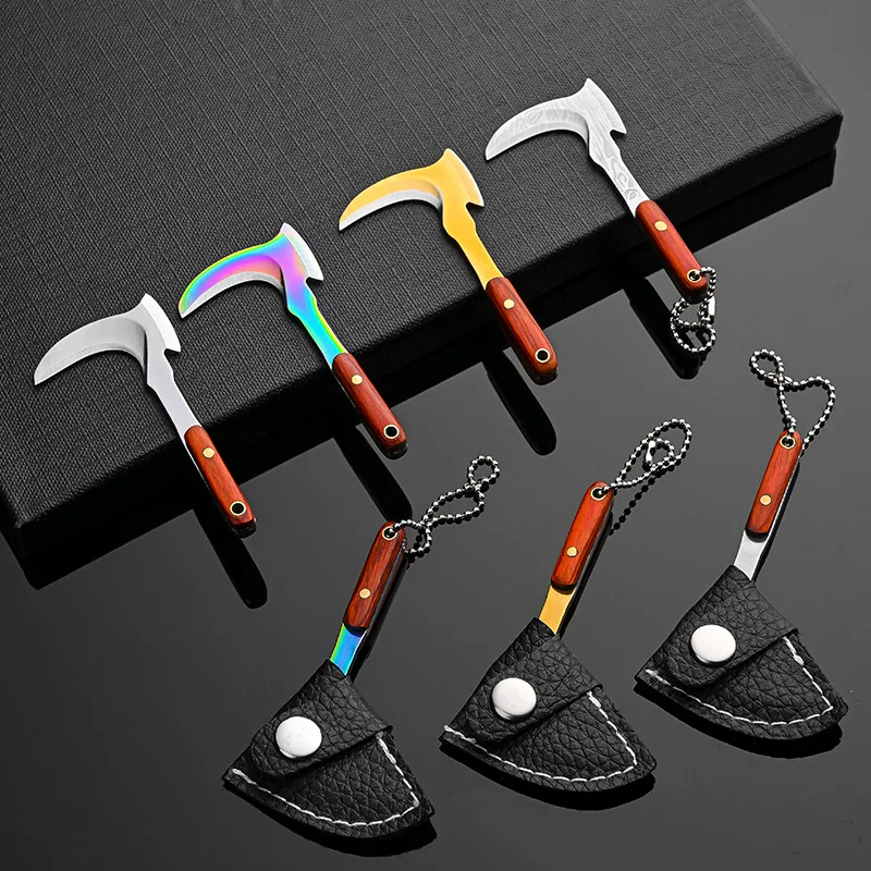 Fade Titanium  Keychain Knife Sickle Stainless Steel Sharp Blade Mini Axe  Outdoor Camping Survival Tool EDC