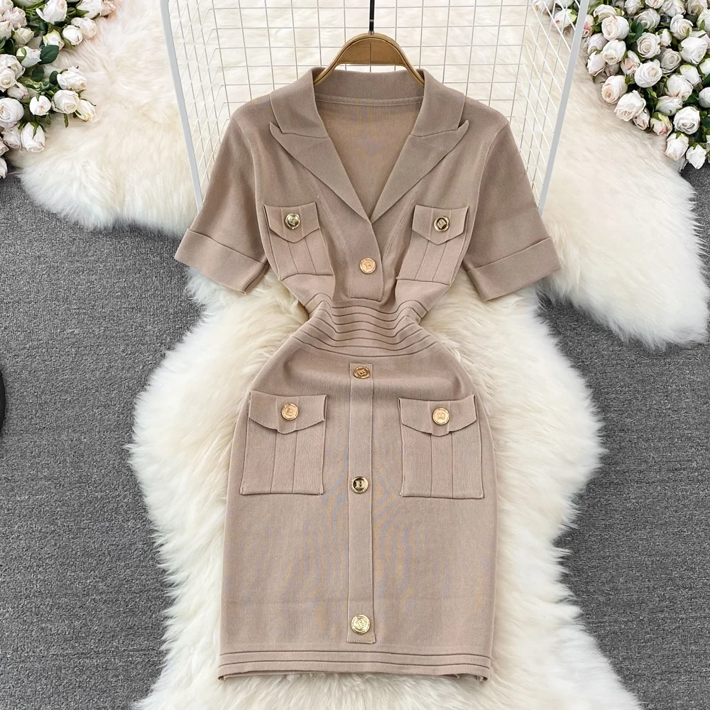 Slimming Ice Silk V-Ne Knitted ort Dr Women's Faionable  Skirt High Waist A-Line Summer Dr Korean Sle