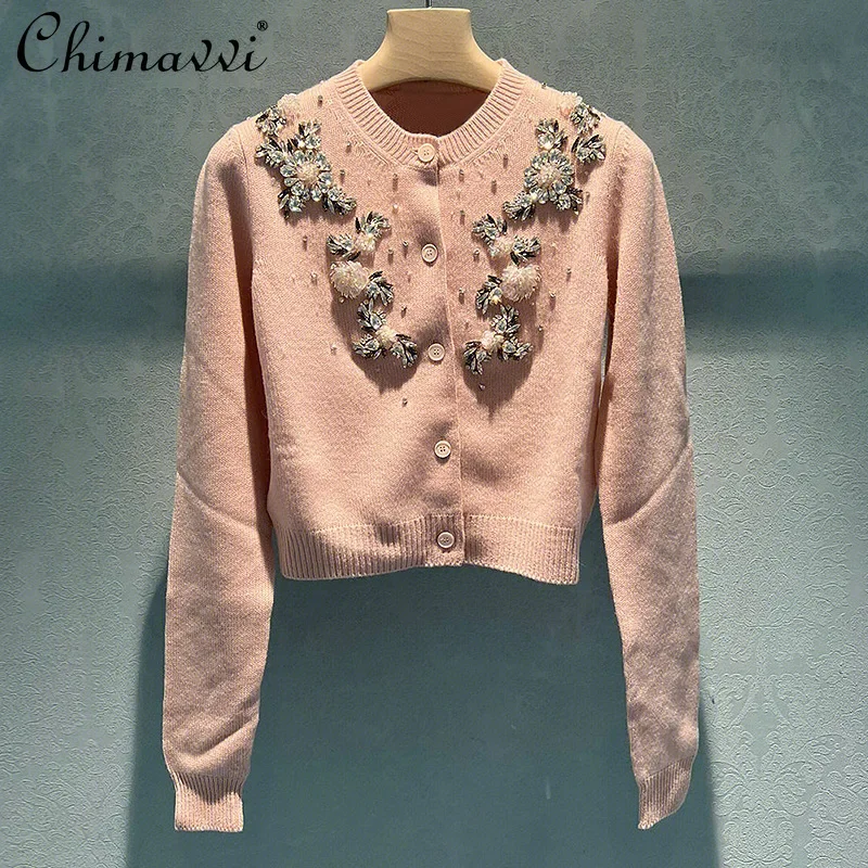 Korean Fashion Casual Diamond 3D Flower Round Neck Long Sleeve Single-breasted Slim Pink Cropped Cardigan Knitted Sweater Women