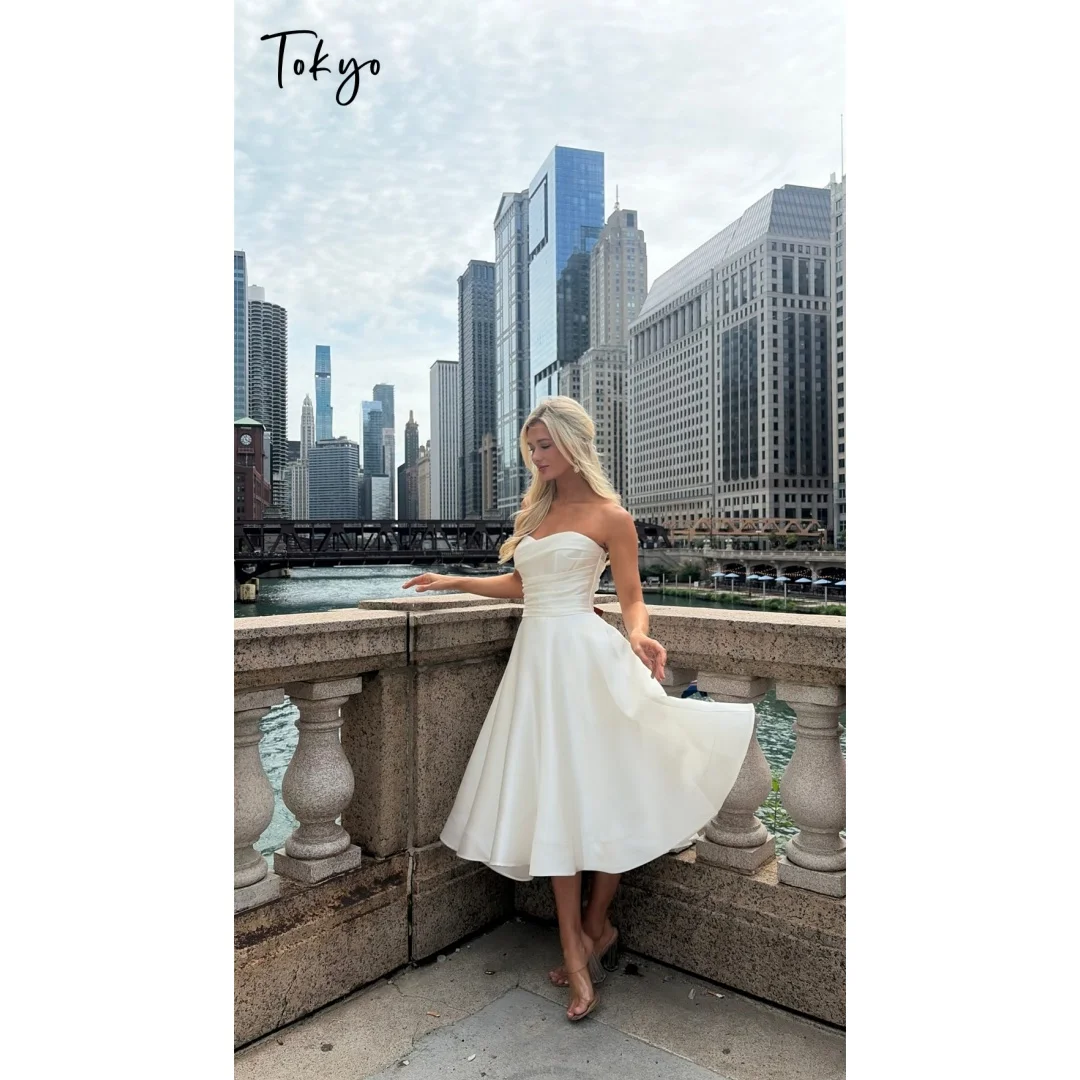 Tokyo Custom White Strapless Satin Midi Wedding Dress Sweetheart Neck A-Line Wedding Gown Elegant Formal Evening Party Dress