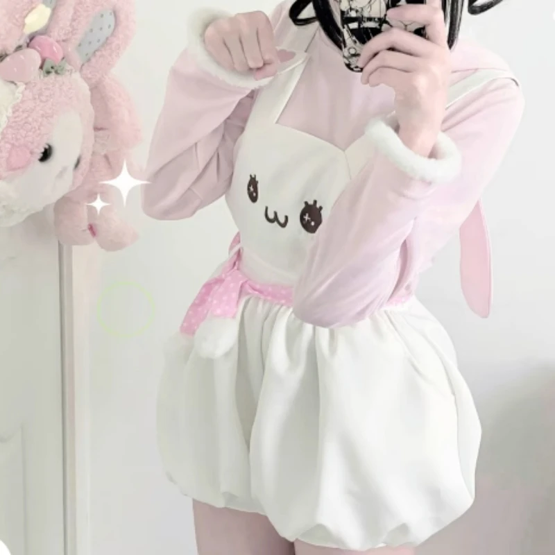 Japanese Kawaii Cute Lolita Overalls Women Sweet Bunny Print Plush Ball Strap Shorts Harajuku High Waist Suspenders Bud Pants