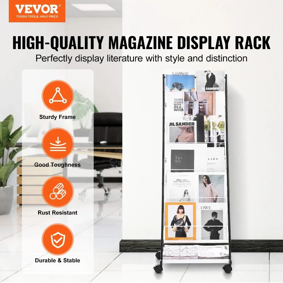 Brochure Display Rack 6-Tier Magazine Literature Display Stand Floor Standing Magazine Rack Newspaper Catalog Holders Movable