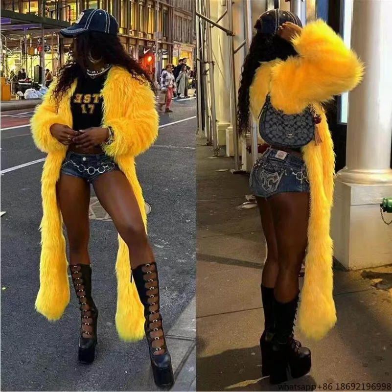 

Утепленное пальто из искусственного меха с длинным ворсом в стиле Street Hipster, однотонное, в европейском и американском стиле, модное, с оригинальным дизайном спереди