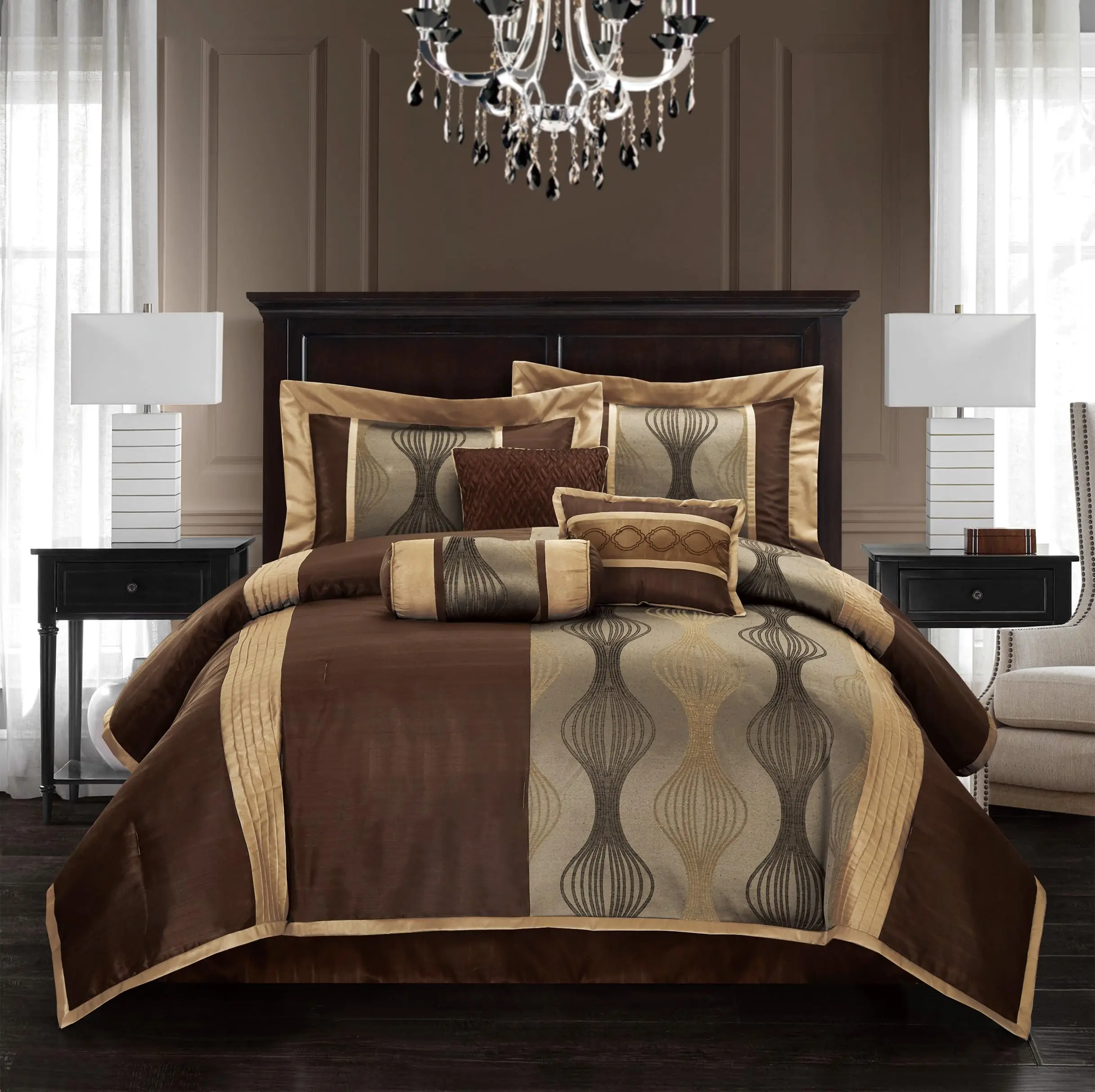 Elegant Jacquard Brown Comforter Set, Size Queen, 7 Piece Bed in a Bag, Striped Bedding Set All Season, Matching