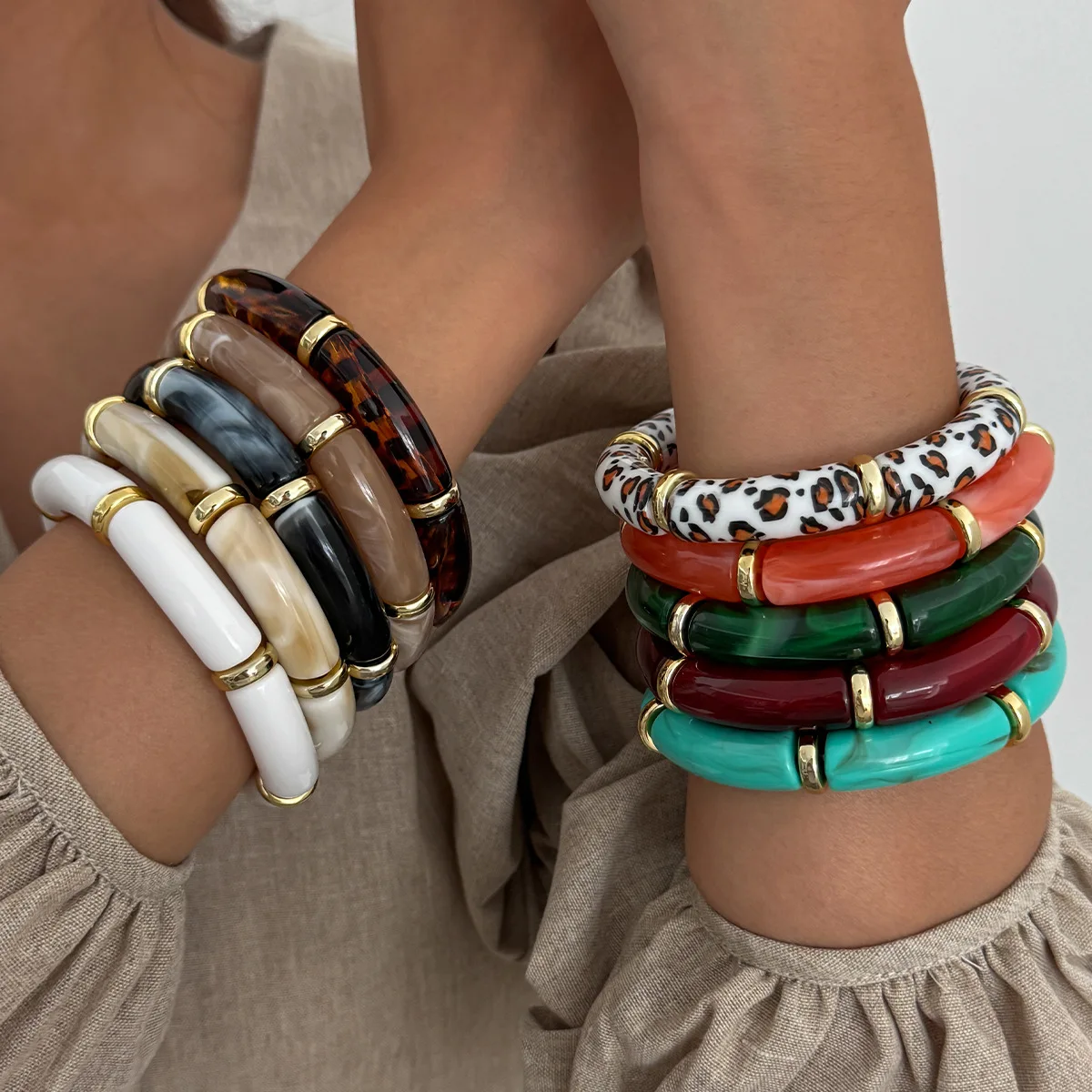 Bohemia Tube Acrylic Bamboo Beads Elastic Bracelet for Women Multicolor Stretchy Resin Girls Charm Couple Bangle Men Jewelry