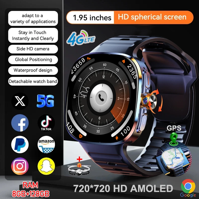 

5G/4G Full Network Smart Watch 720*720 AMOLED HD Screen 8GB+128GB RAM Video Call 900W Camera GPS WIFI Google Smartwatch 2100 mAh