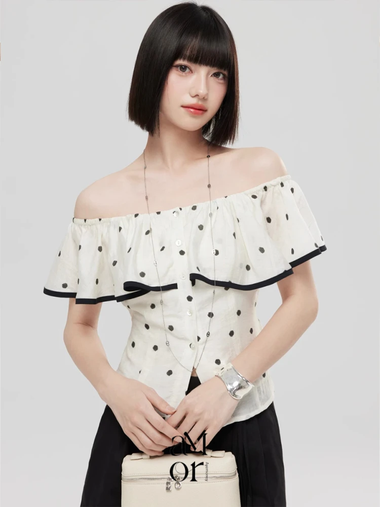 

Sweet Style Polka Dot Lace Trim One Shoulder Top Ayemorrey Light White Casual Chic Design Women's Shirt Sleeveless UV Protection