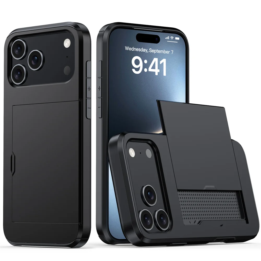 Robuste Handyhülle für iPhone 18 17 16 Plus 15 Pro 15 14 13 12 11 Pro Max mit Brieftaschen-Kartenhalter und Schiebeverschluss aus hartem PC-Schutzmaterial – Detail 3