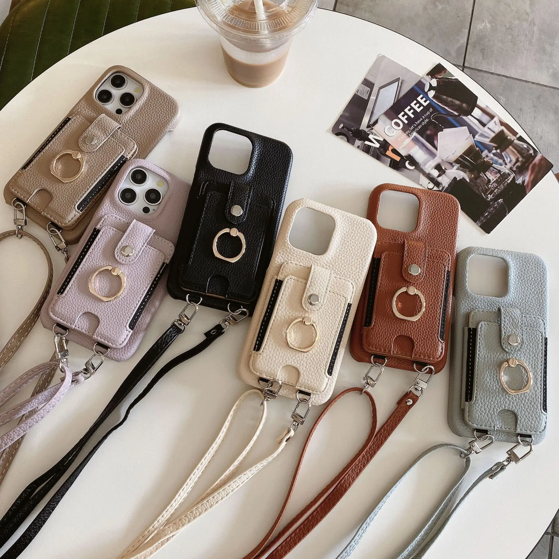 

Wallet Shoulder Strap Case for iPhone 16 Pro Max 13 12 11 14 15 Pro Max 16 Plus Lady Leather Card Pocket Lanyard Cover
