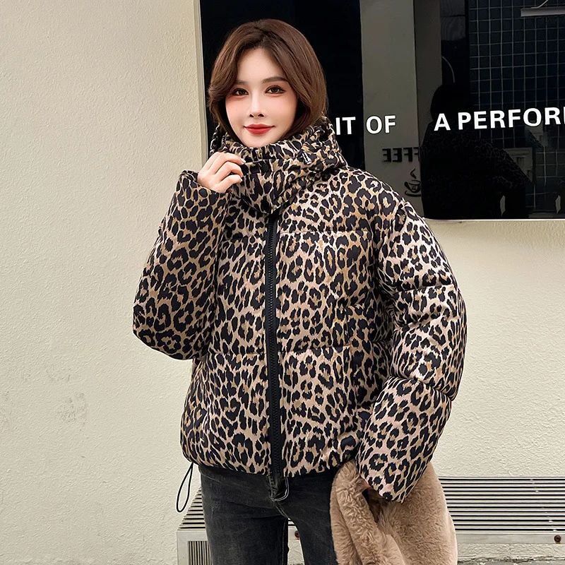새로운 다운 코튼 자켓 여성 파카 패션 느슨한 후드 레오파드 인쇄 짧은 두꺼운 따뜻한 겨울 캐주얼 여성 겉옷 오버 코트