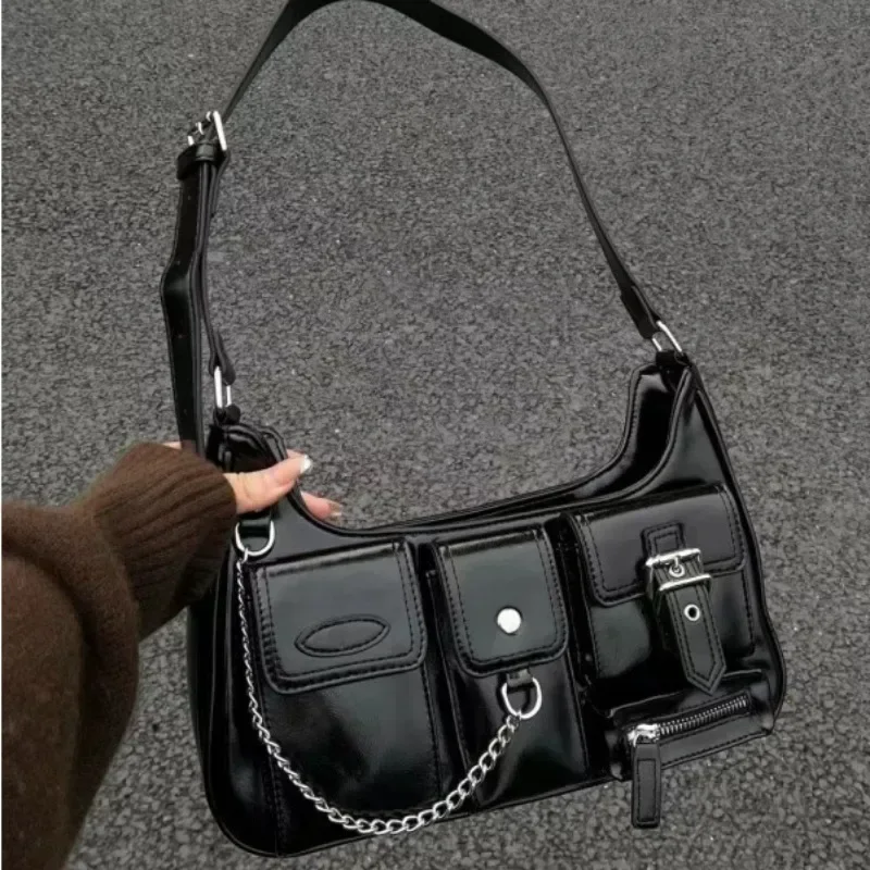 00s【archive】 Y2K Black leather waist bag Buy Sunwel Fashion Y2k Black Purse Goth Multi-Pockets Shoulder Bag