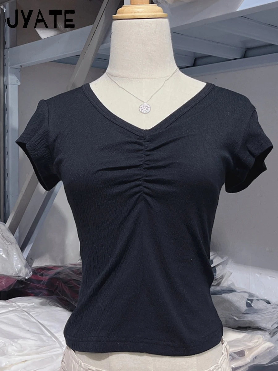 Witte Plooien V-hals Trekkoord Slanke T-shirts Vrouwen Zomer Nieuwe Katoenen Casual Korte Mouw Tees Zoete Leuke Vintage T-shirt Y2K Top