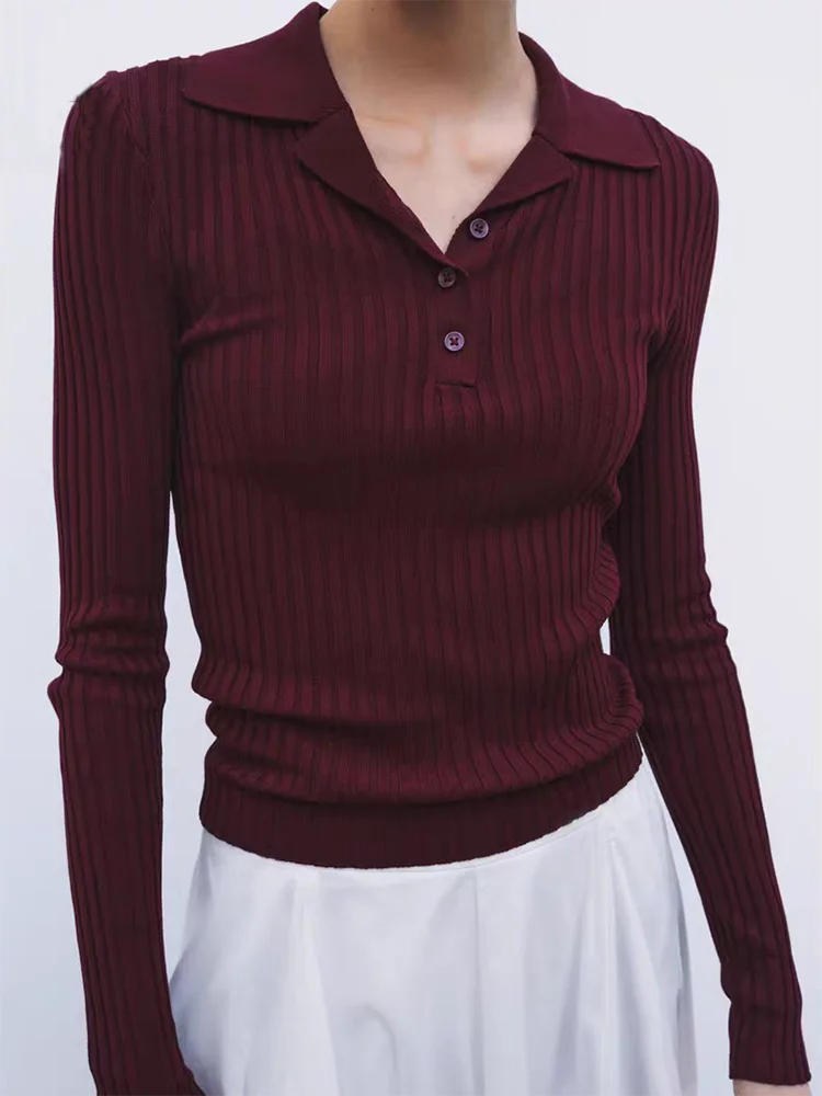 봄 신상 여성 슬림핏 골지 니트 폴로 셔츠 긴팔 니트 스웨터 출퇴근 스타일 레귤러 두께 단색