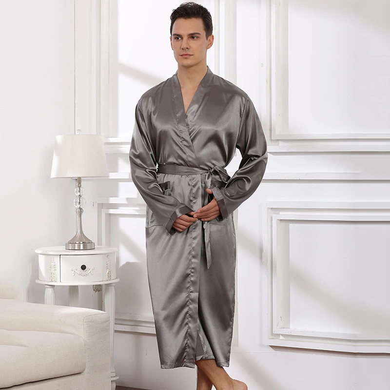 Bathrobe Men Summer Cardigan Imitation Silk Solid Robe Pajamas Comfortable Men's Home Wear Dressing Gown Sleepwear