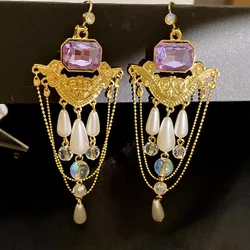 French Retro Palace Style Waterdrop Pearls Long Tassel Drop Earrings Medieval Style Vintage Statement Jewlery for Women