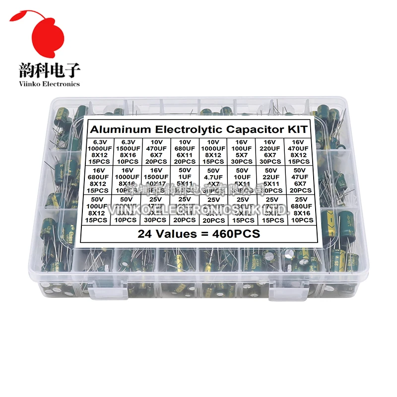 

460pcs/Box 24Values High Frequency Low ESR Aluminum Electrolytic Capacitor Kit 6.3V-50V 1uF-1500uF Capacitance DIP Assorted Set