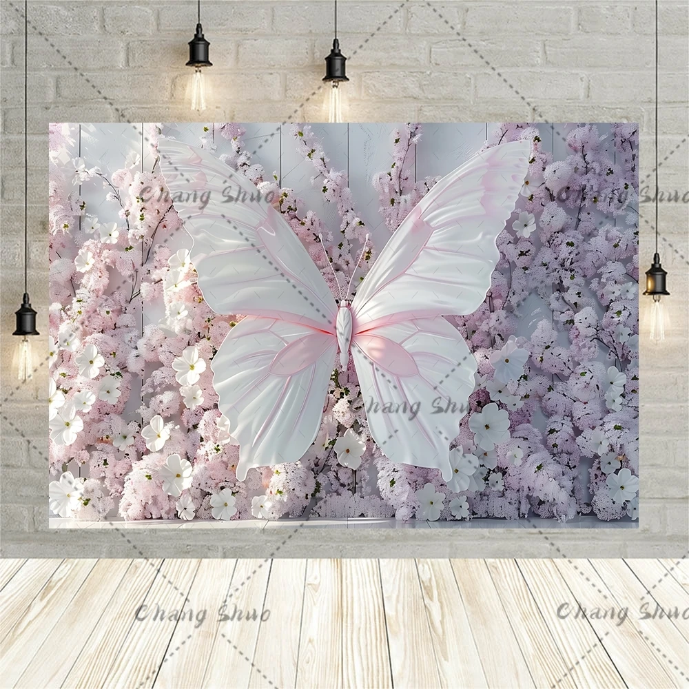 Dreamy Butterfly Background Cloth Photography Custom Baby Baptism Studio Props Pink Flowers Decoration Girl First Birthday Party