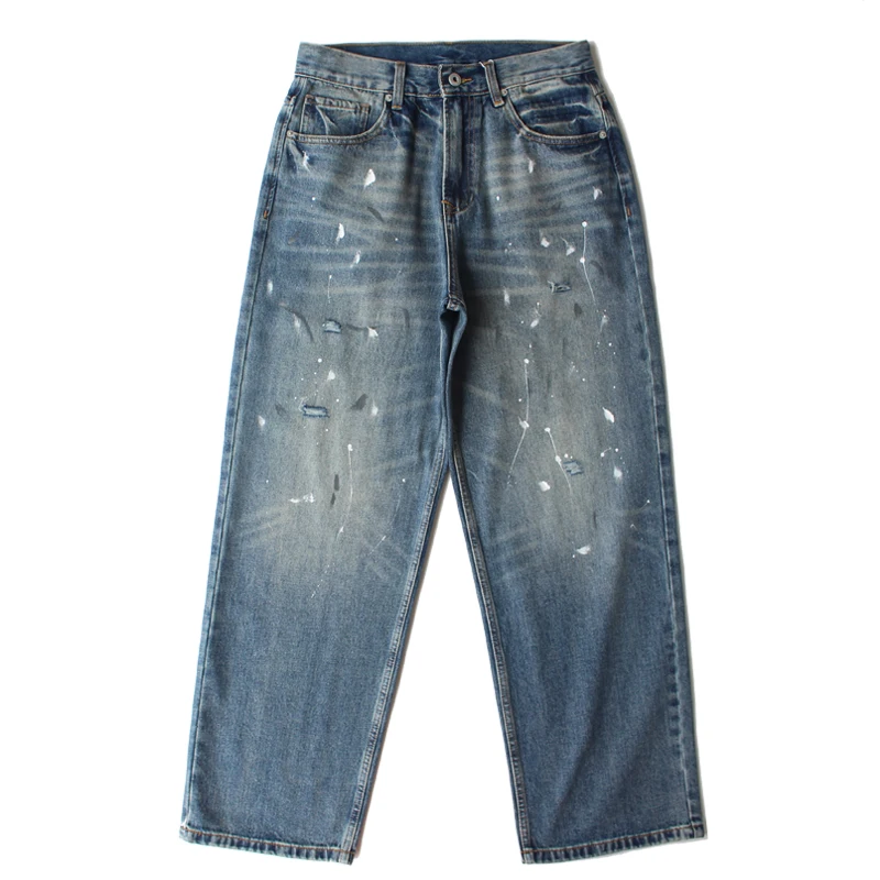 กางเกงยีนส์เดนิมทรงหลวมสไตล์อเมริกันเรโทรสำหรับผู้ชาย - กางเกงลำลองทรงตรงหลวมแบบยีนส์ขาดๆ สีสเปรย์พ่นลาย ลุคย้อนยุค สำหรับฤดูใบไม้ร่วง/ฤดูหนาว