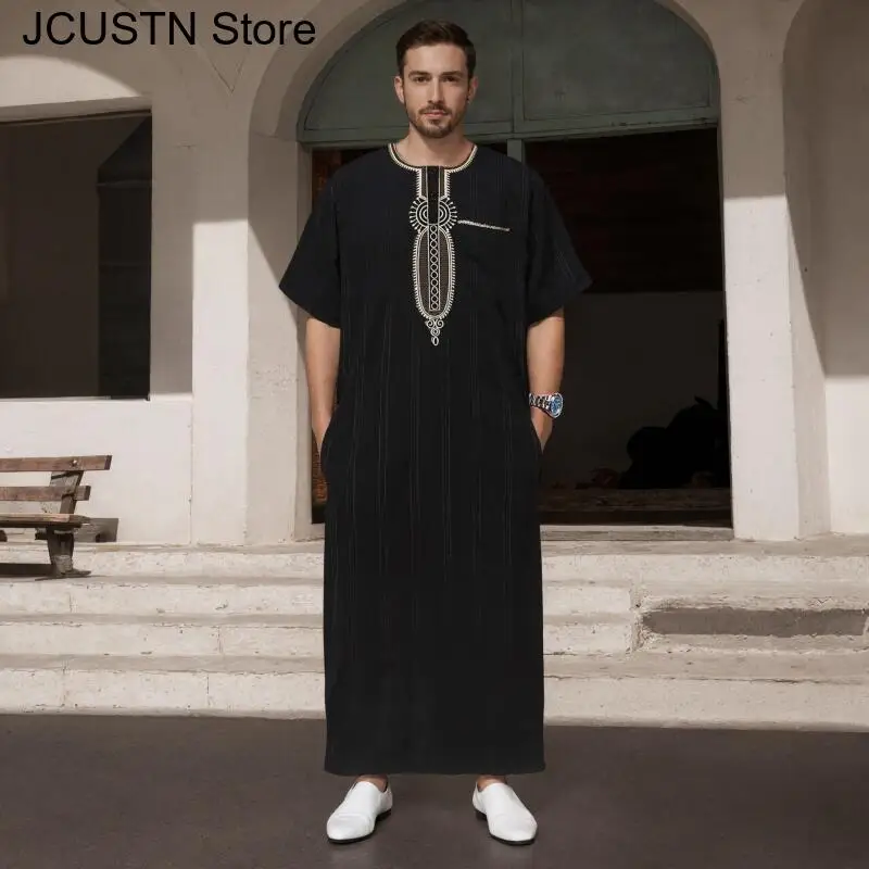 2025 New Men's Islamic Kaftan Short Sleeve Embroidered Muslim Clothing Modern Ethnic Fashion Robe Islamic Dress Ramadan Abaya