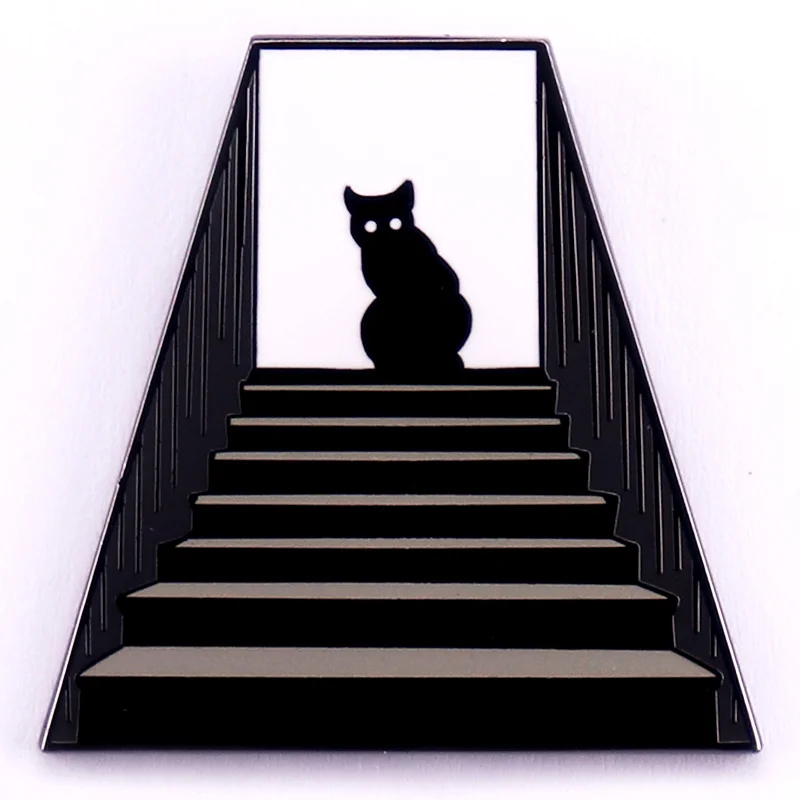 Black Cat on Stairs Metal Badge Creepy Spooky Cat Enamel Pin Halloween Jewelry Accessory Gift