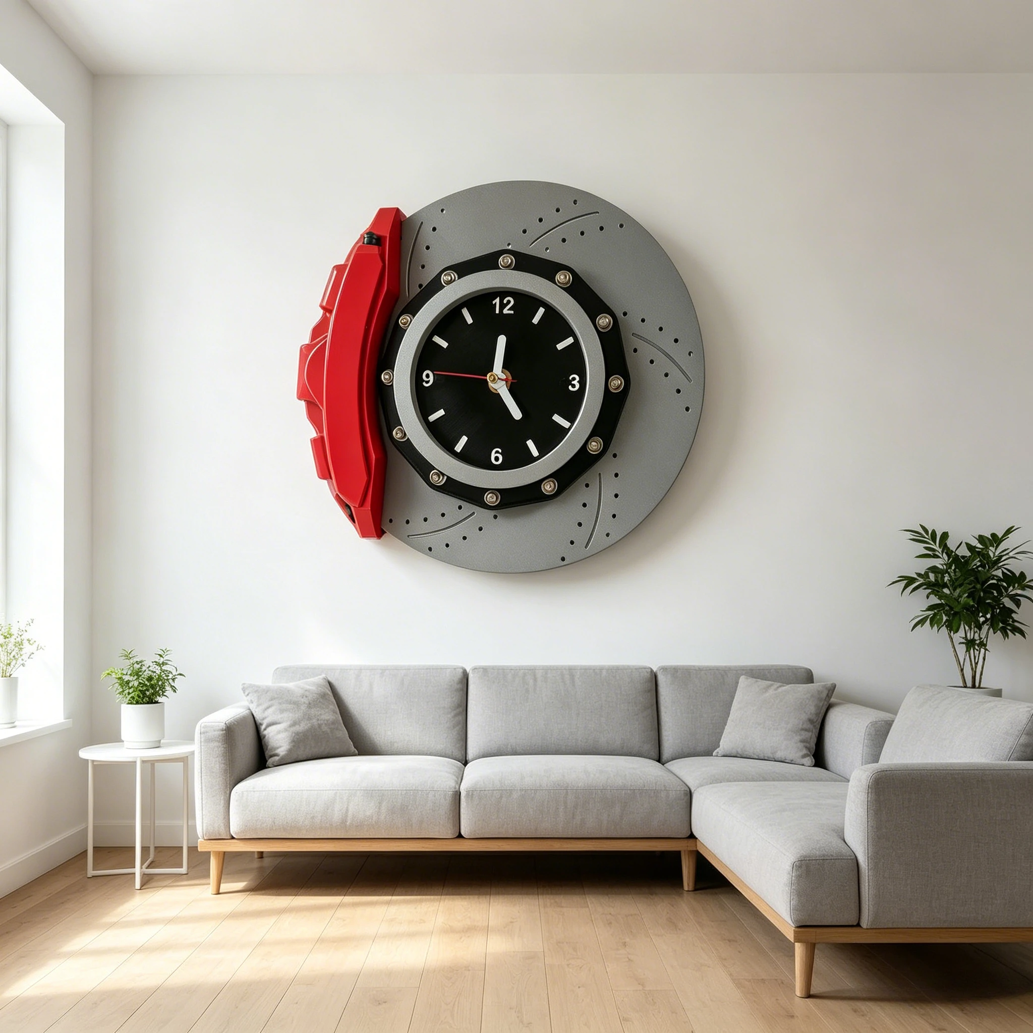 Original 3D Printing 23cm Diameter DIY Brake Disc Caliper Ornament Wall Clock, Desktop Roman Numeral Magnetic Quartz Clock