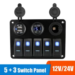 Z bezpiecznikiem USB ładowarki gniazdo 12V 24V światła samochodowe przełącz 5 przycisków Panel przełącznika LED typu Rocker łódź cyfrowy Test napięcia akcesoria