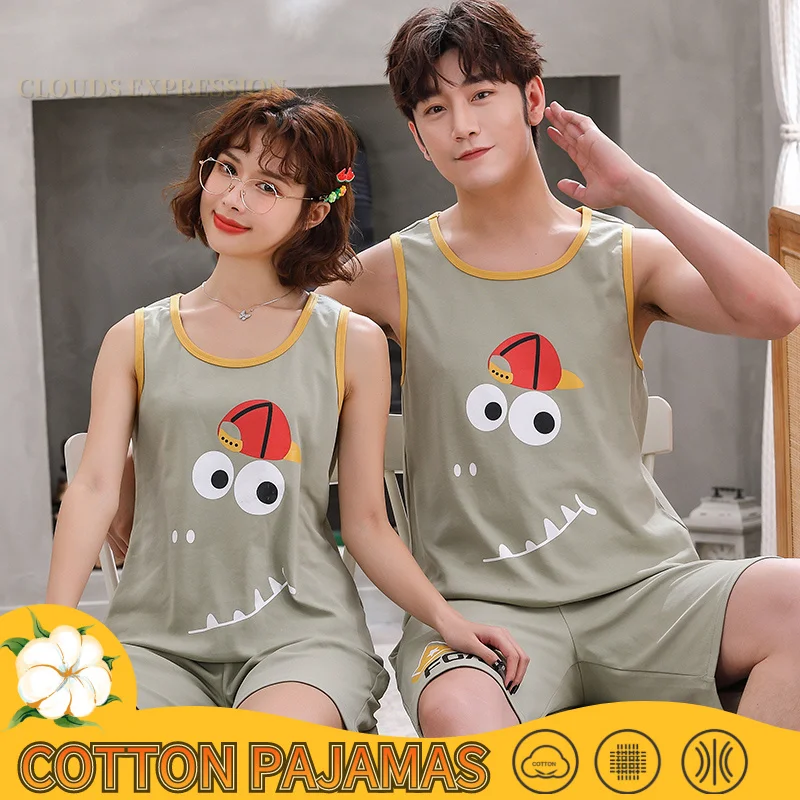 

Summer New 100% Cotton Cartoon Print Couple Pajama Set Pyjamas Kawaii Sleep Lounge Sleeveless Sleepwear Suits Pajamas for Lovers