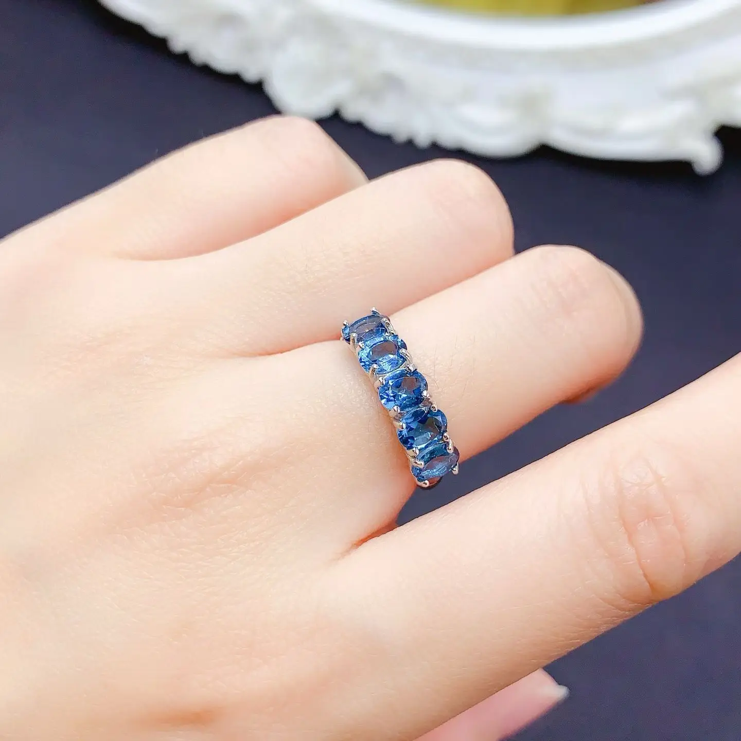 925 Sterling Silver Natural Garnet & Blue Topaz Eternity Band Rings Certified Fine Jewelry Oval Cut Half Eternity Gemstone Rings