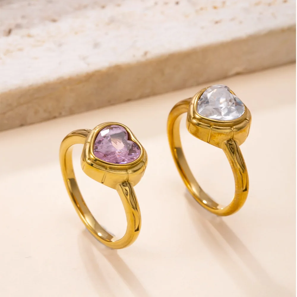 Romantic Stainless Steel Gold Color Shinny Pink Violet Zircon Ring for Women PVD Gold Plated Wedding Jewelry