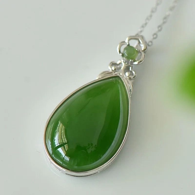 SGARIT Natural Hetian Jade S925 Silver 16*34mm Waterdrop Fashion Pendant Simple Design Elegant Generous Fine Texture Necklace