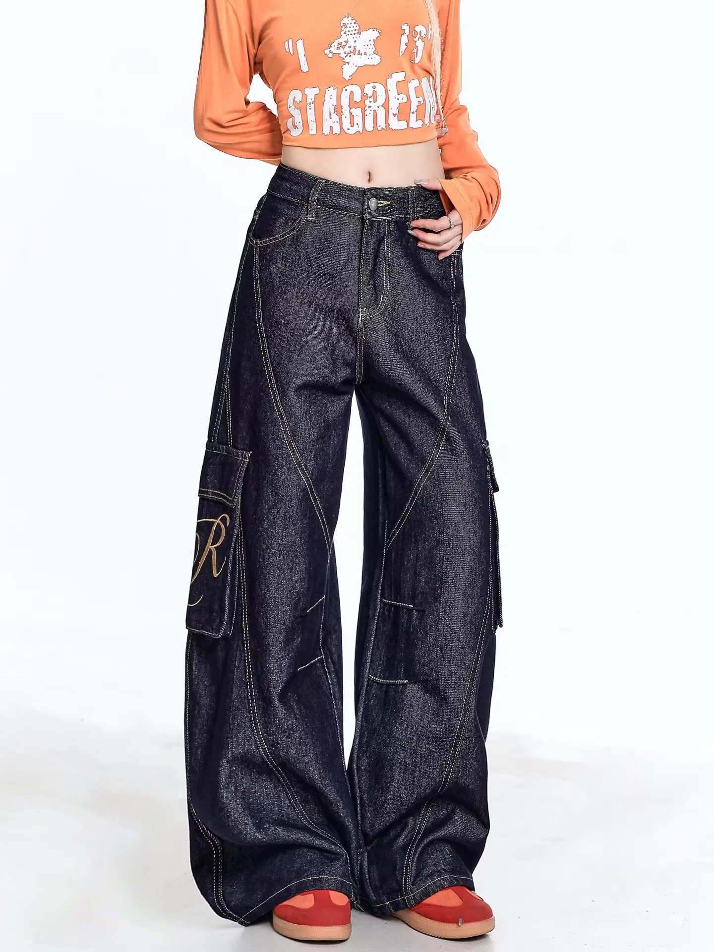 American retro niche vintage wide leg loose jeans women's splicing straight leg casual curved knife long pants trendy Harajuku