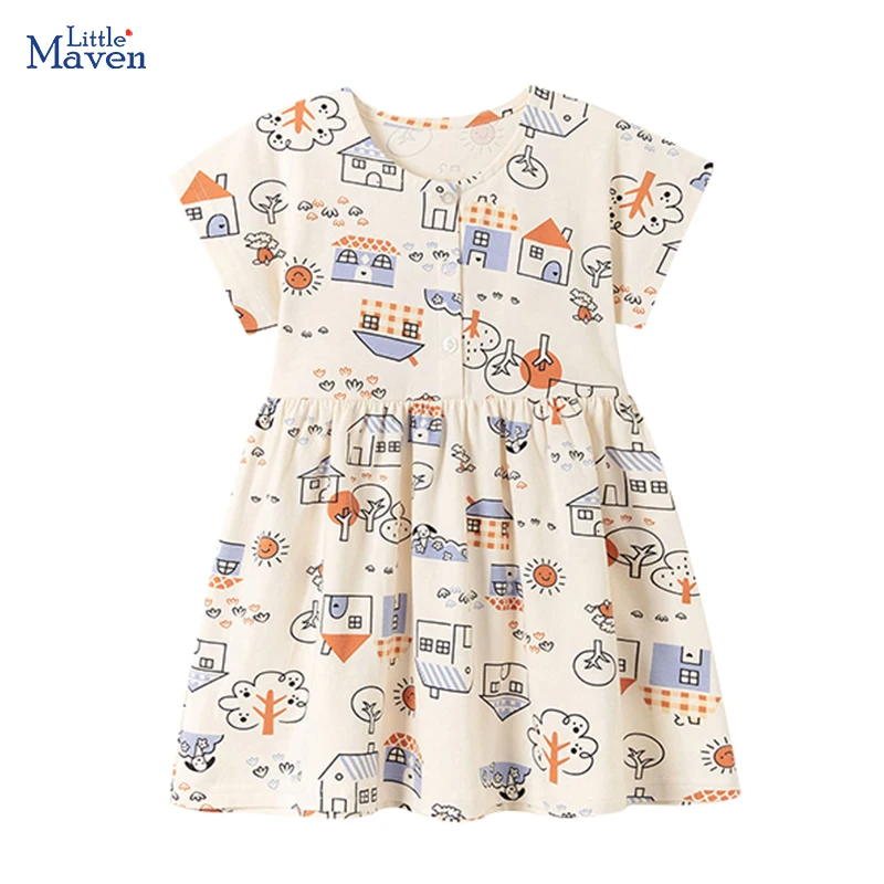 Little Maven Kinderkleidung 2026 Neue Sommer Baby Mädchen Kinderkleidung Baumwolle Cartoon Haus Freizeitkleider Geburtstagsgeschenke