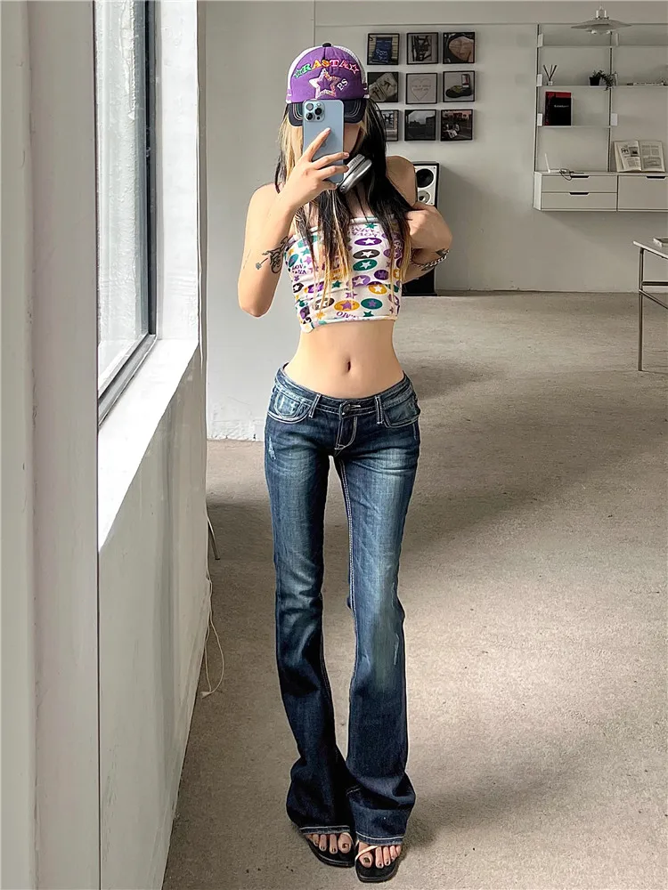 Women Gyaru Japanese Harajuku Trashy Y2K Jeans Low Rise Flare Denim Pants 2000s Bell-Bottom Long Trousers Kpop Vintage Slim Hot