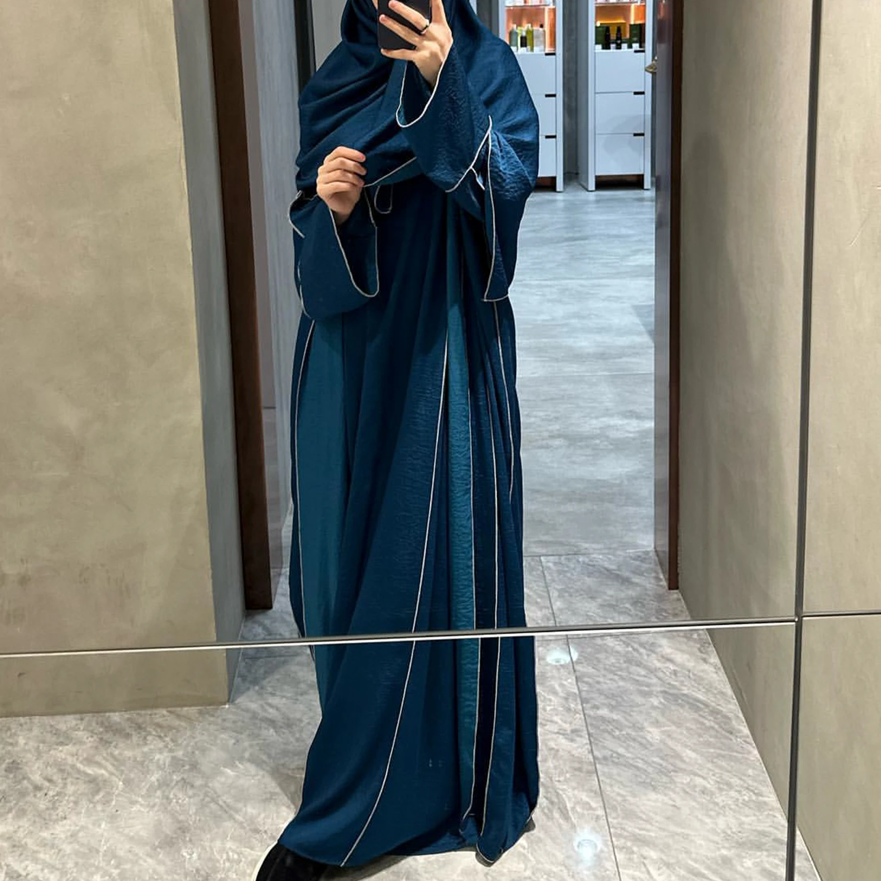 

Abaya Set 2 Piece Shiny Islamic Matching Outfits Dubai Turkey Ramadan Muslim Women Short Sleeve Inner Dress + Open Front Kimono