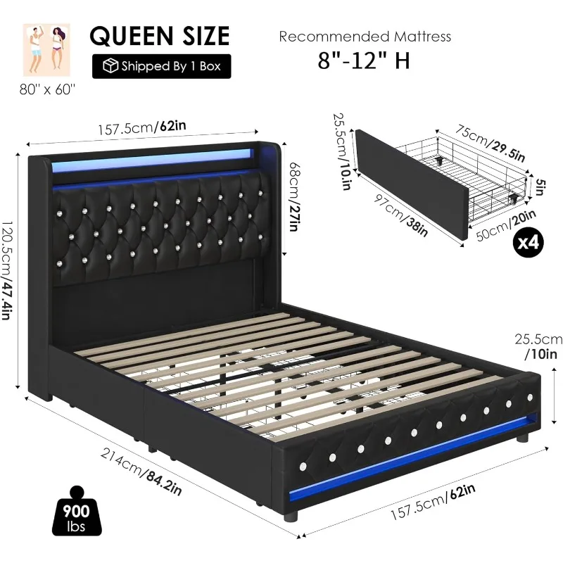 Queen LED Bed Frame with Charging Station and 4 Storage Drawers, Velvet Upholstered Platform Bed with Handcrafted Crystal