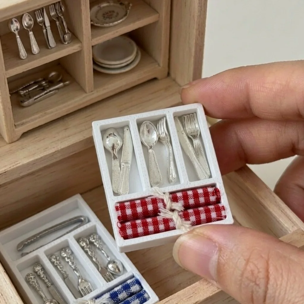 1set Mini Cutlery Organizer Set Knife Fork Spoon Divided Storage Tray Model Miniature Tableware Kitchen Scene Accessories