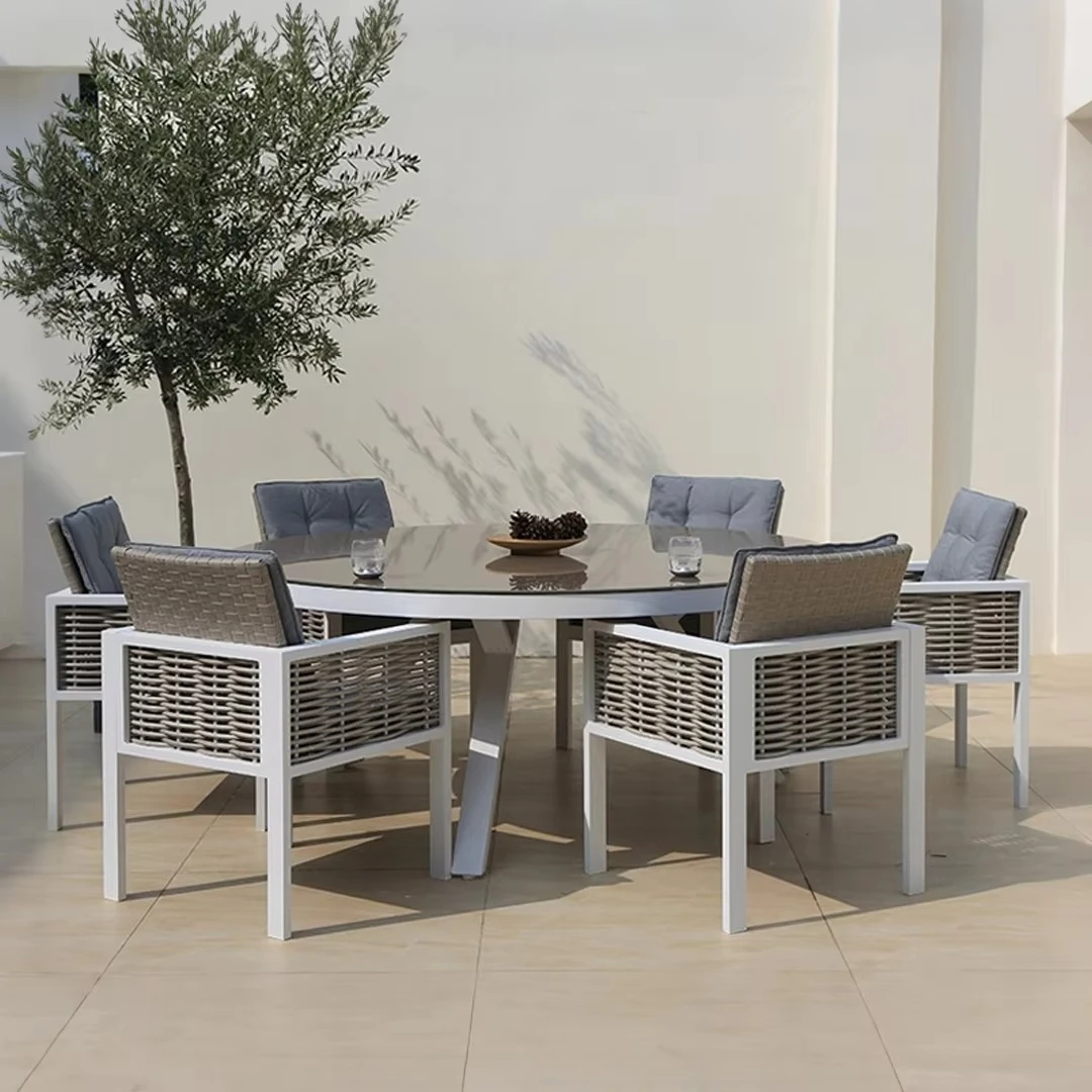 dd- Pattaya Round Aluminum Dining Table with Glass Based Ceramic Tabletop UV-Resistant Outdoor Furniture