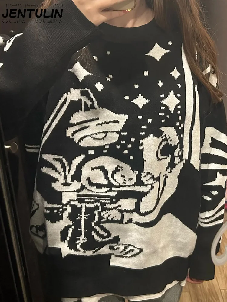 Harajuku Oversized Sweater Anime Girl Graffiti Vintage Knitted Sweater Jumper Women Winter Unisex Pullover Streetwear Y2k Top