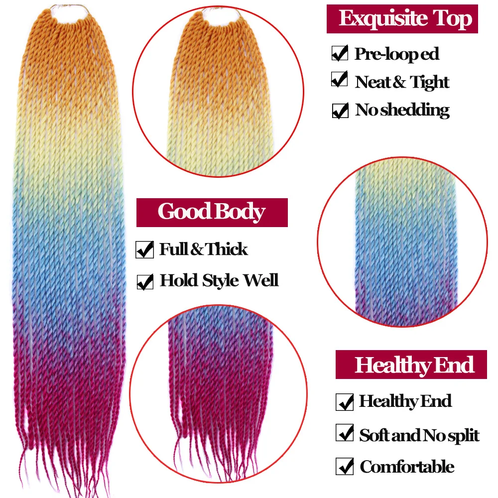 Synthetic Ombre Senegalese Twist Hair Crochet braids 22 inch 20 Roots/pack Braiding Hair for Women Ombre Grey Blue Pink White