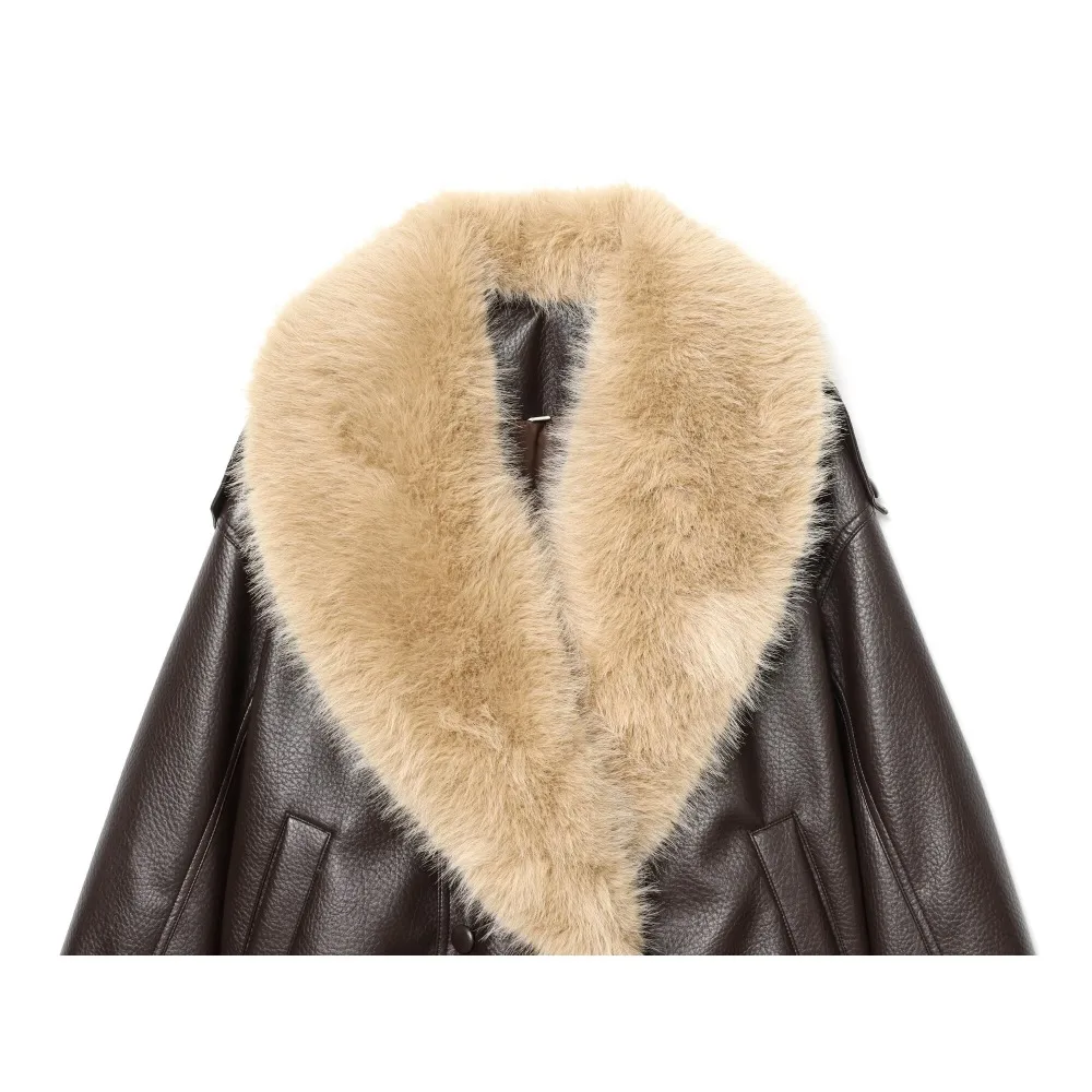 Stylish Women Faux Leather Jackets with Removable Collar Elegant Chic Brown Outwears with Notched Lapel Collar and Faux Fur Trim