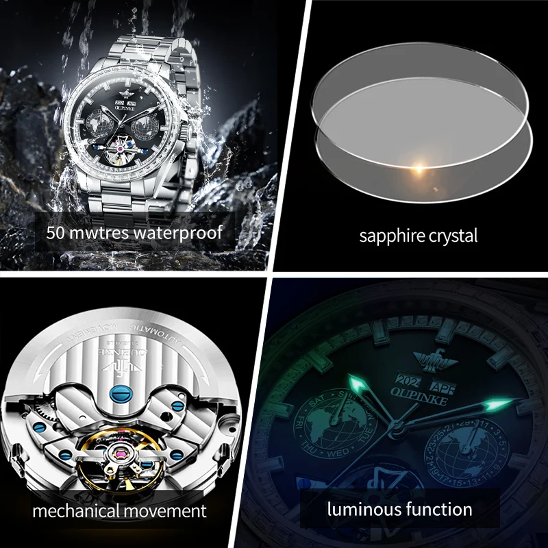 OUPINKE 3280 Fully Automatic Mechanical Watch for Men Luxury Brand Original Diamond Bezel Man Watch Skeleton Flywheel Wristwatch