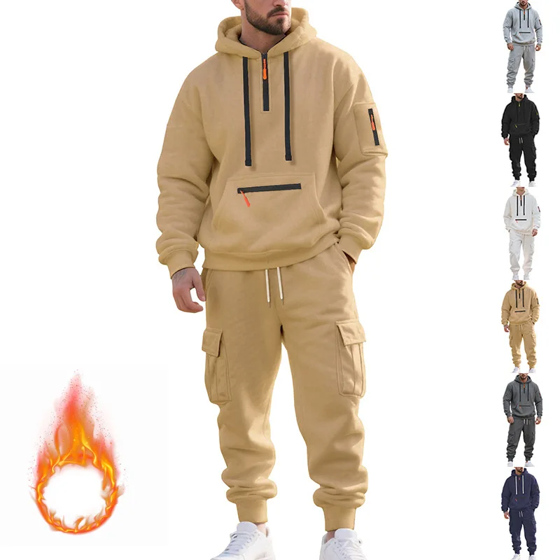 2025 Winter New Men's Suit American Style Heavyweight Fleece Loose Men's Casual Sports Multi-Pocket Workwear Suit for Men