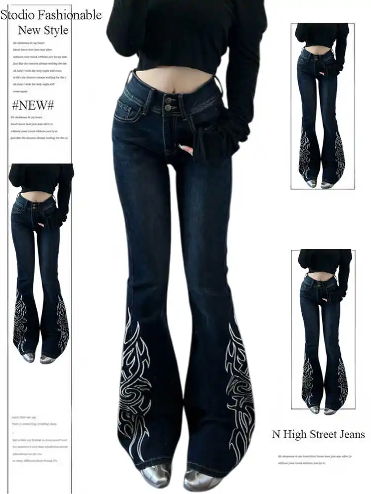Women's Denim Pants American Retro Embroidered Skinny Abi Low Rise Flare Jeans Skinny Long Trousers Bell Bottom Japanese Y2k New