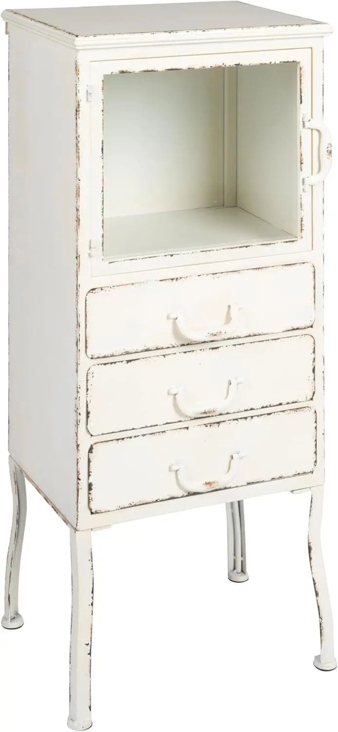 Metal Cabinet with 3 Drawers Made from steel Distressed white finish Has three drawer for storage Large compartment